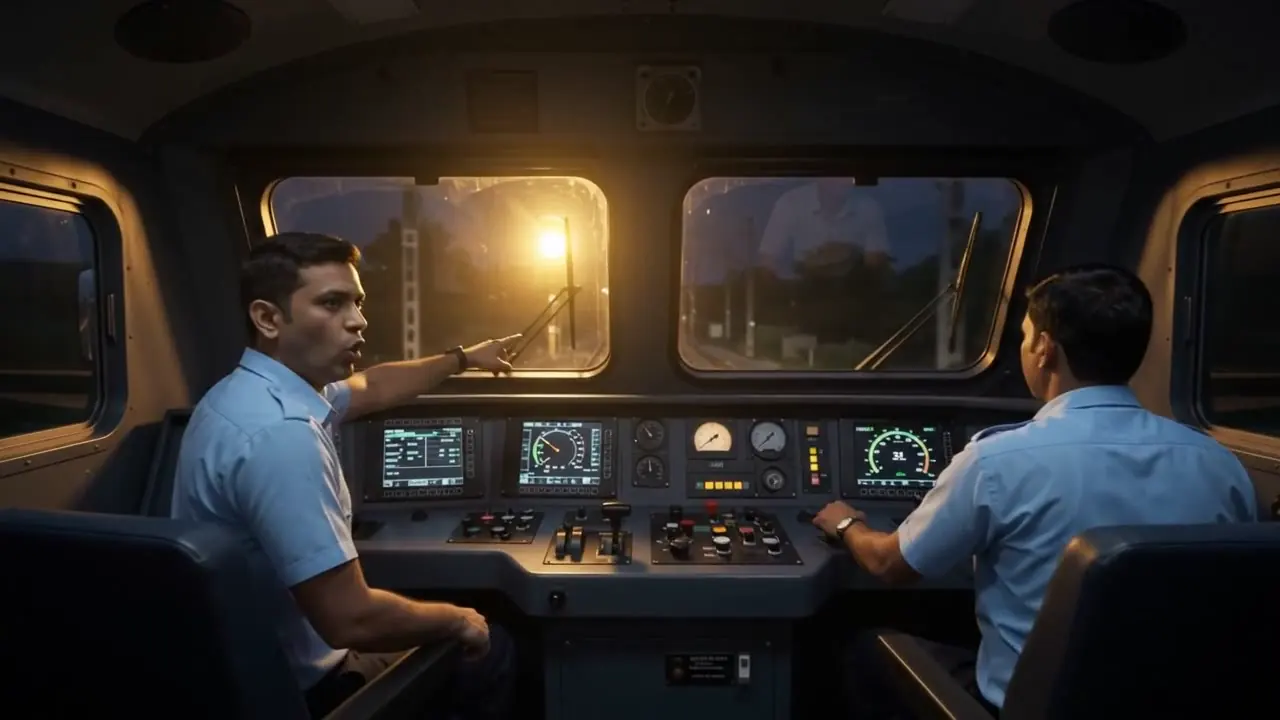 Loco pilot calling out a signal to the assistant in the cab